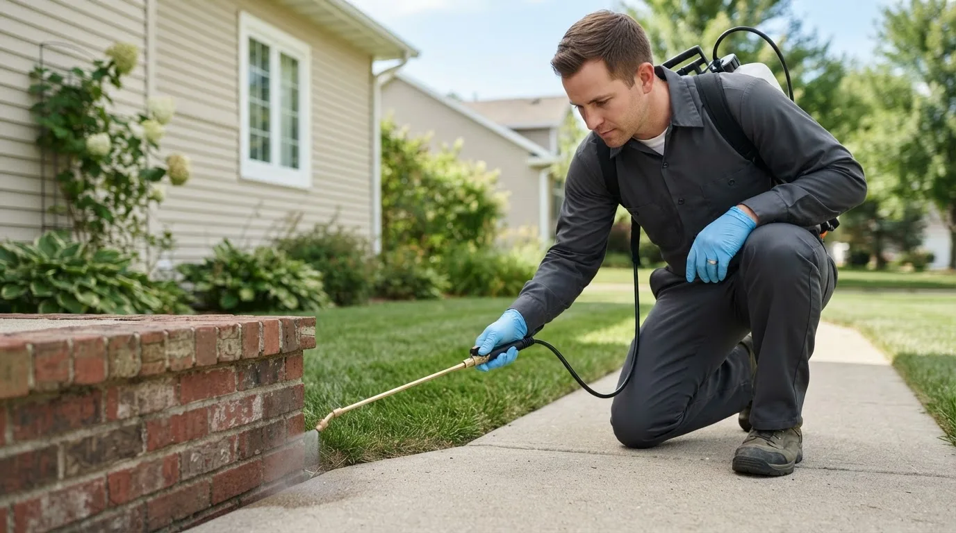 Pest control technician treating a home near Bicknell, IN